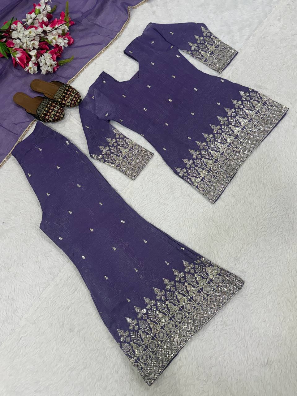 Elegant Lavender Embellished Kurta and Flared Sharara Set Featuring Intricate Silver Zari Embroidery and a Sheer Matching Dupatta